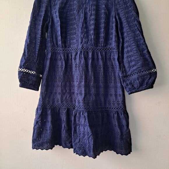 J. Crew Eyelet Lace Dress Long Sleeve Flutter Hem Mini Navy Blue Womens Size 12 - Picture 10 of 15